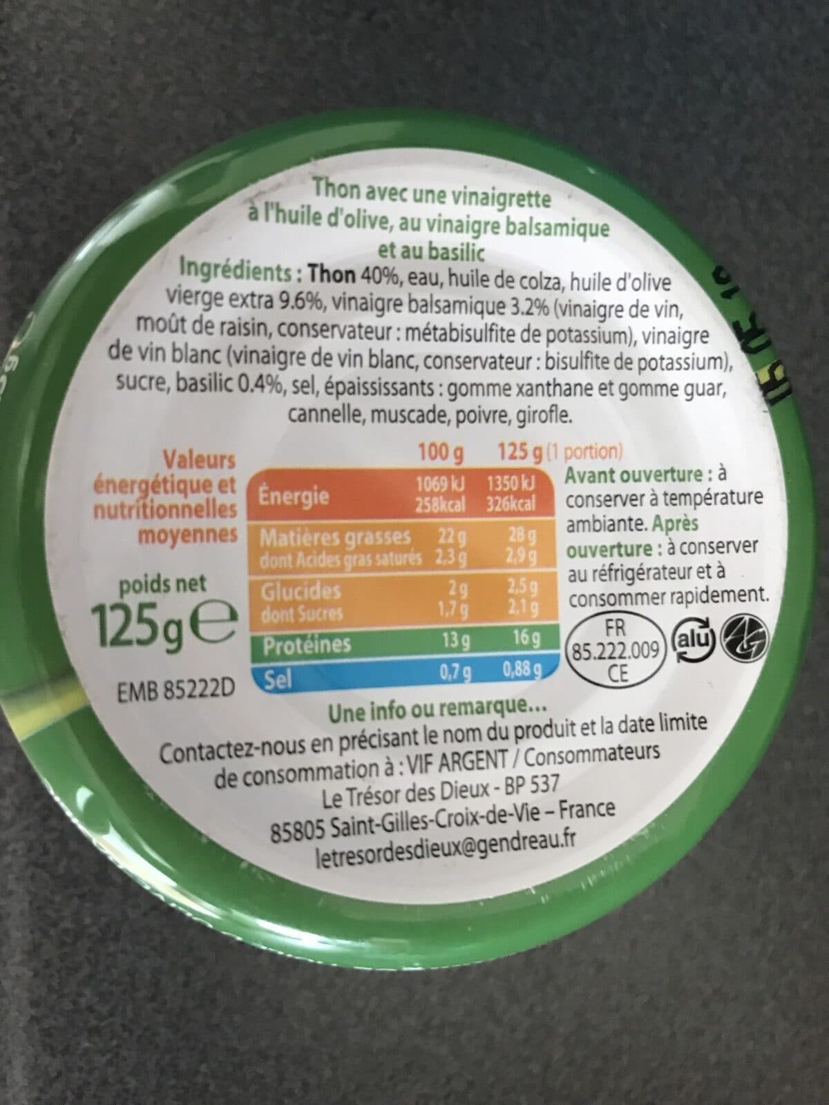 Le Trésor des Dieux Thon vinaigre balsamique et huile d'olive basilic LE TRESOR DES packshot