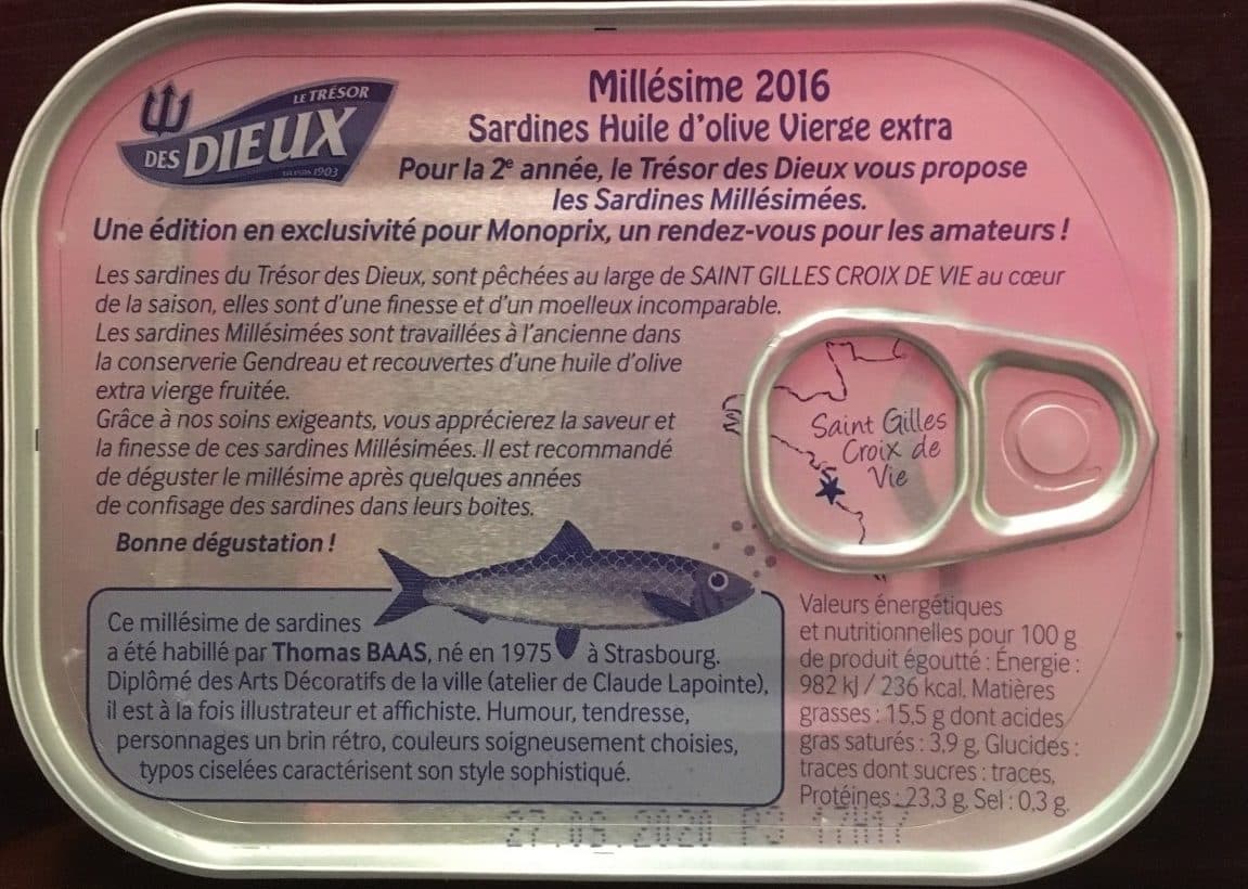Le tresor des dieux Sardines huile d'olive vierge extra Millésime 2016 packshot