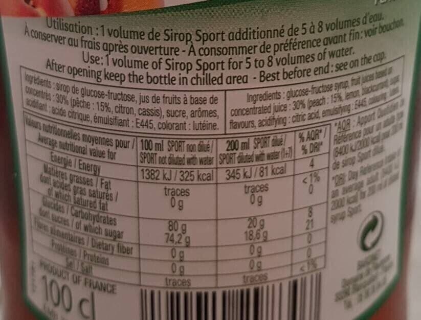 Sport Bardinet Sirop De Pêche, Bouteille D'un Litre, Marque Berger packshot