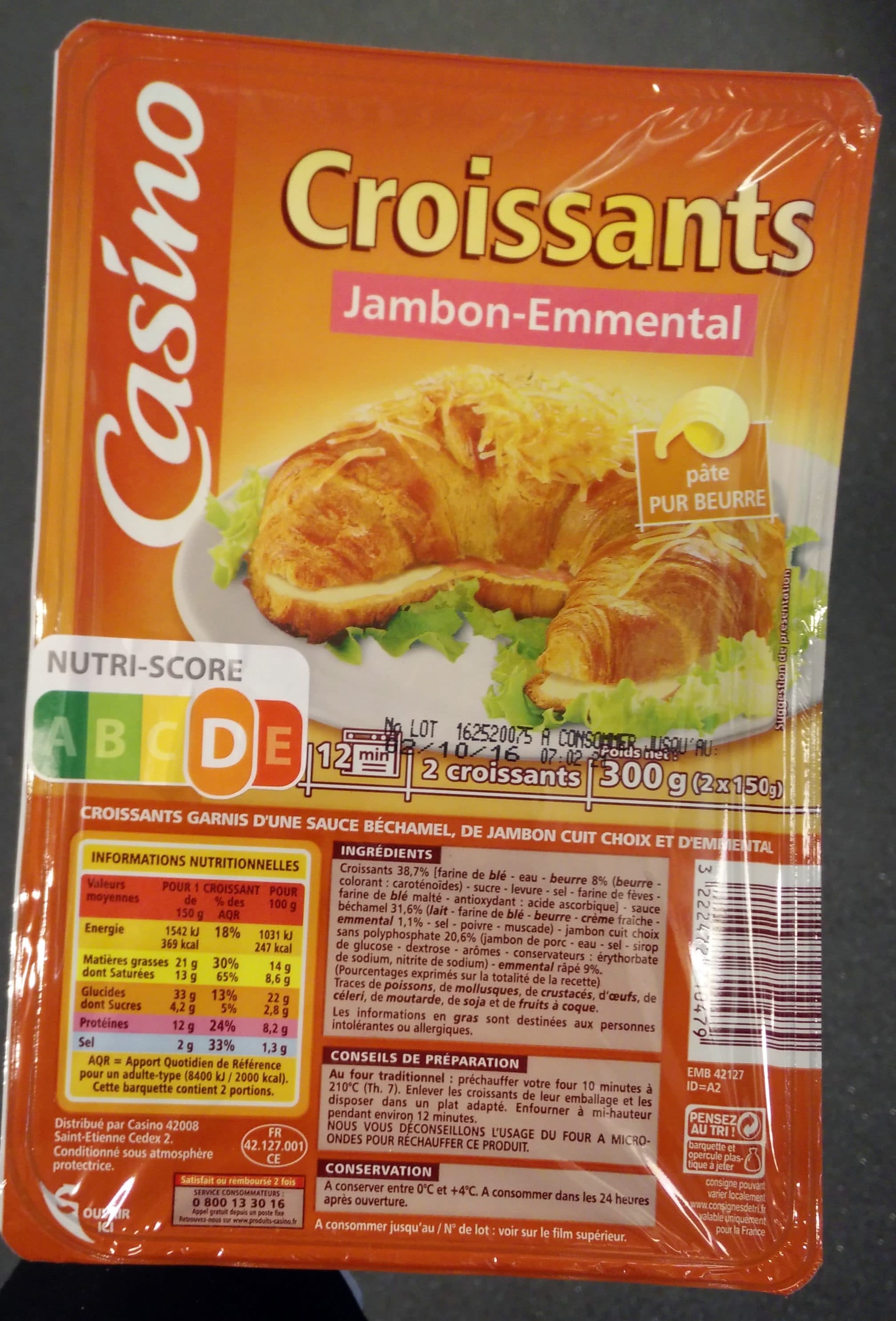 Casino CROISSANTS JAMBON EMMENTAL X 2 CROISSANTS Pâte pur beurre packshot