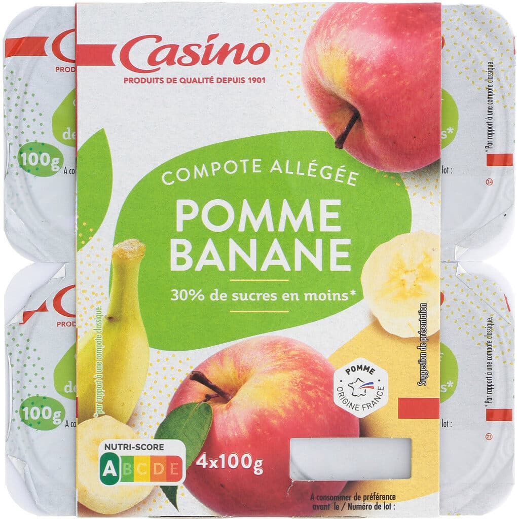 Casino Compote allégée Pommes Bananes 30% de sucres en moins packshot