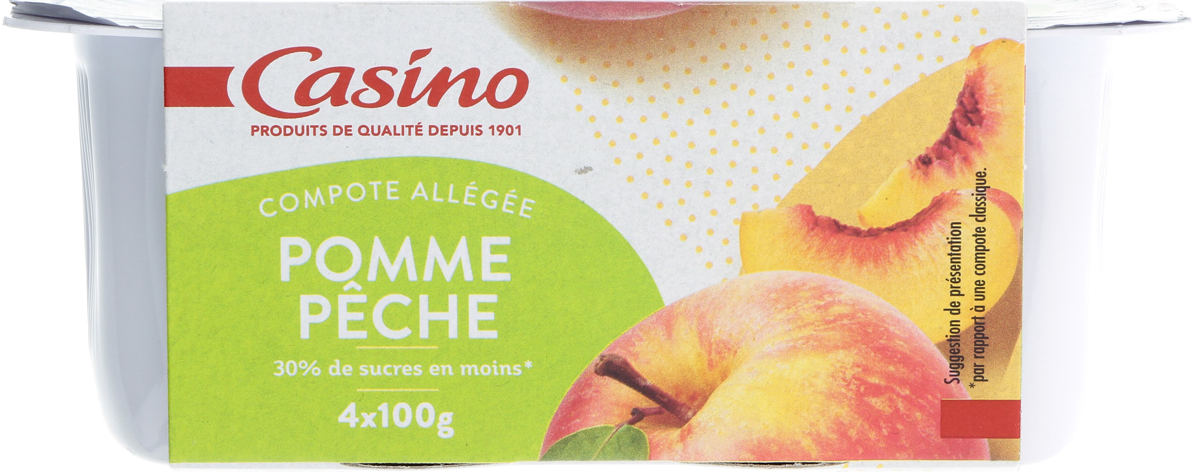 Casino Compote Allégée Pommes Pêches 30% de sucres en moins packshot