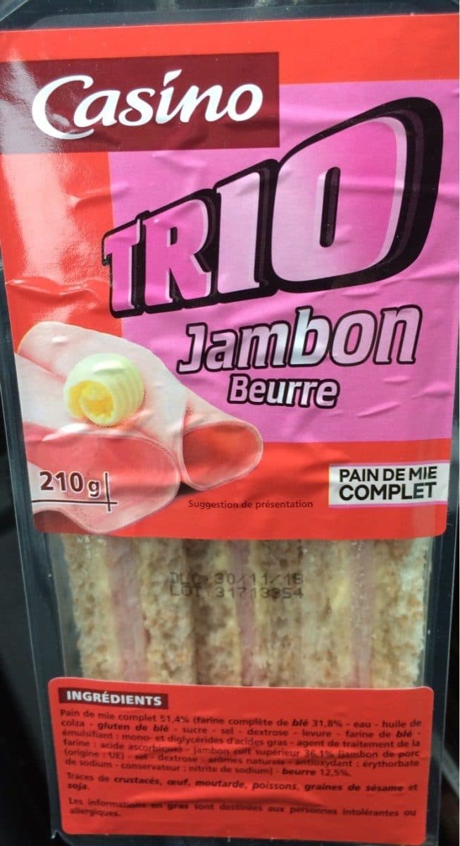 Casino Sandwich TRIO Jambon beurre - pain de mie complet packshot