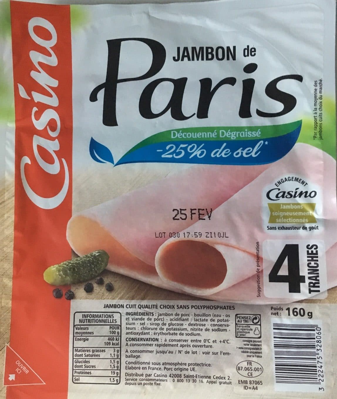 Casino Jambon de Paris découenné dégraissé -25% de sel par rapport à la moyenne des jambons cuits choix du marché packshot