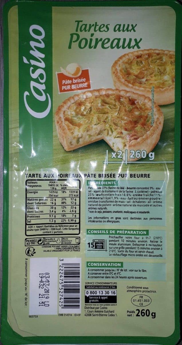 Casino 2 tartes aux poireaux pâte brisée pur beurre packshot