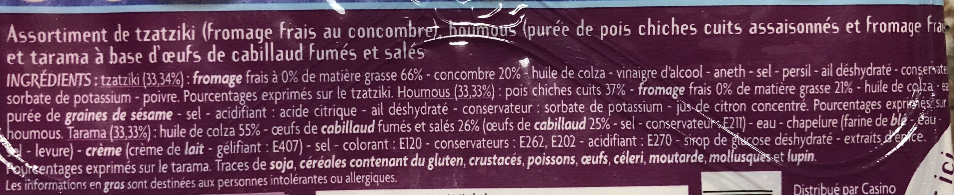Casino Tarama aux oeufs de cabillaud / Houmous pois chiche et fromage frais / Tzatziki fromage frais et concombre packshot