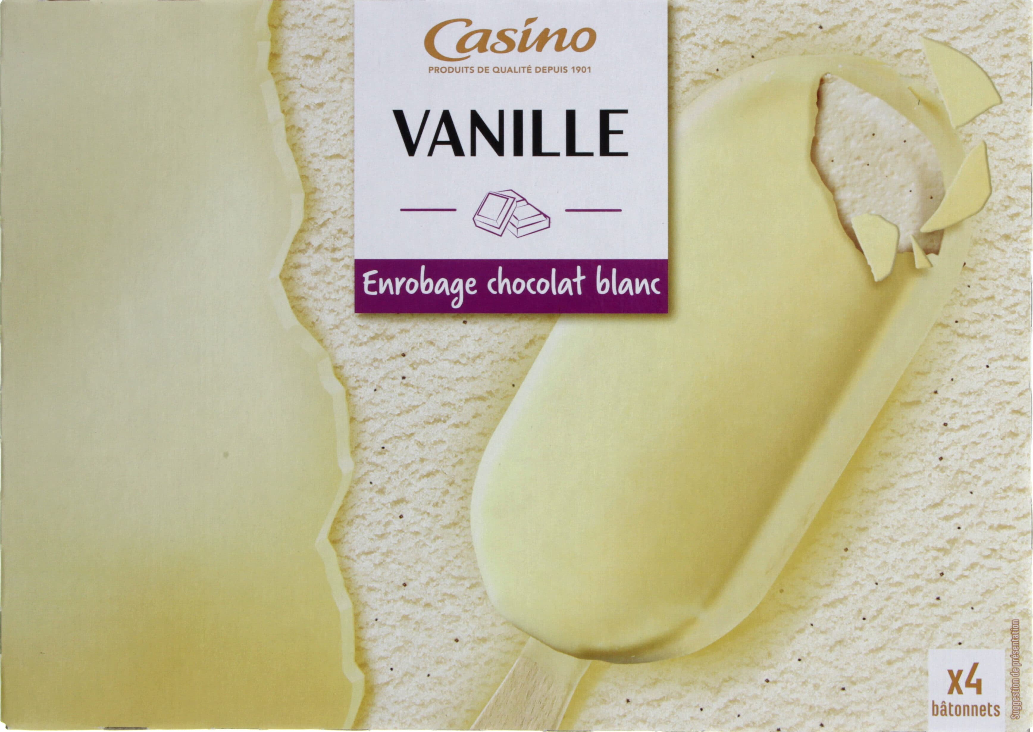 Casino Maxi bâtonnets vanille enrobage chocolat blanc x4 packshot