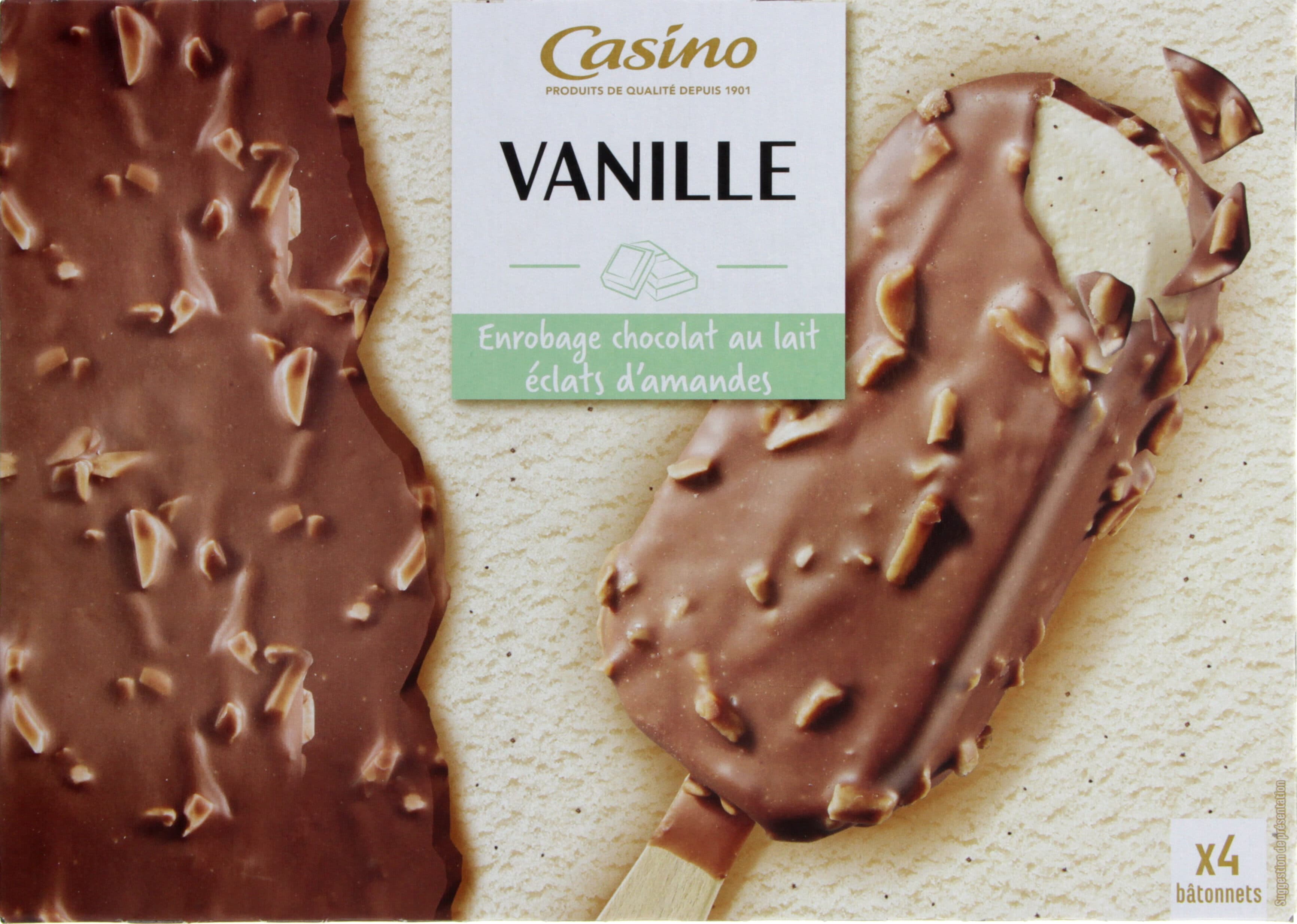 Casino Maxi bâtonnets vanille enrobage chocolat au lait éclats d'amandes x4 packshot