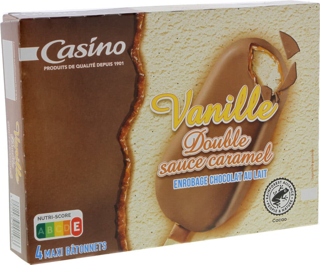 Casino Maxi bâtonnets vanille double sauce caramel enrobage chocolat au lait x4 packshot