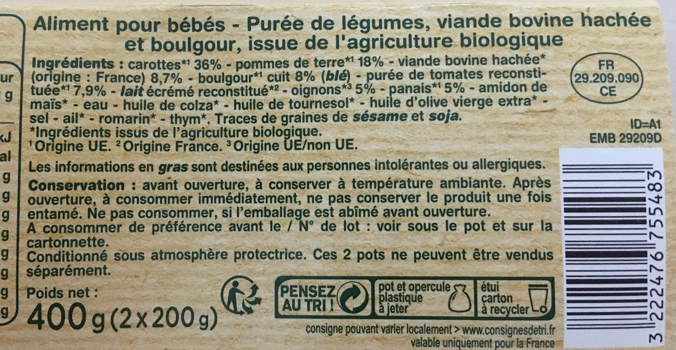 Casino Carottes Bœuf Boulgour avec morceaux - Dès 12 mois BIO packshot