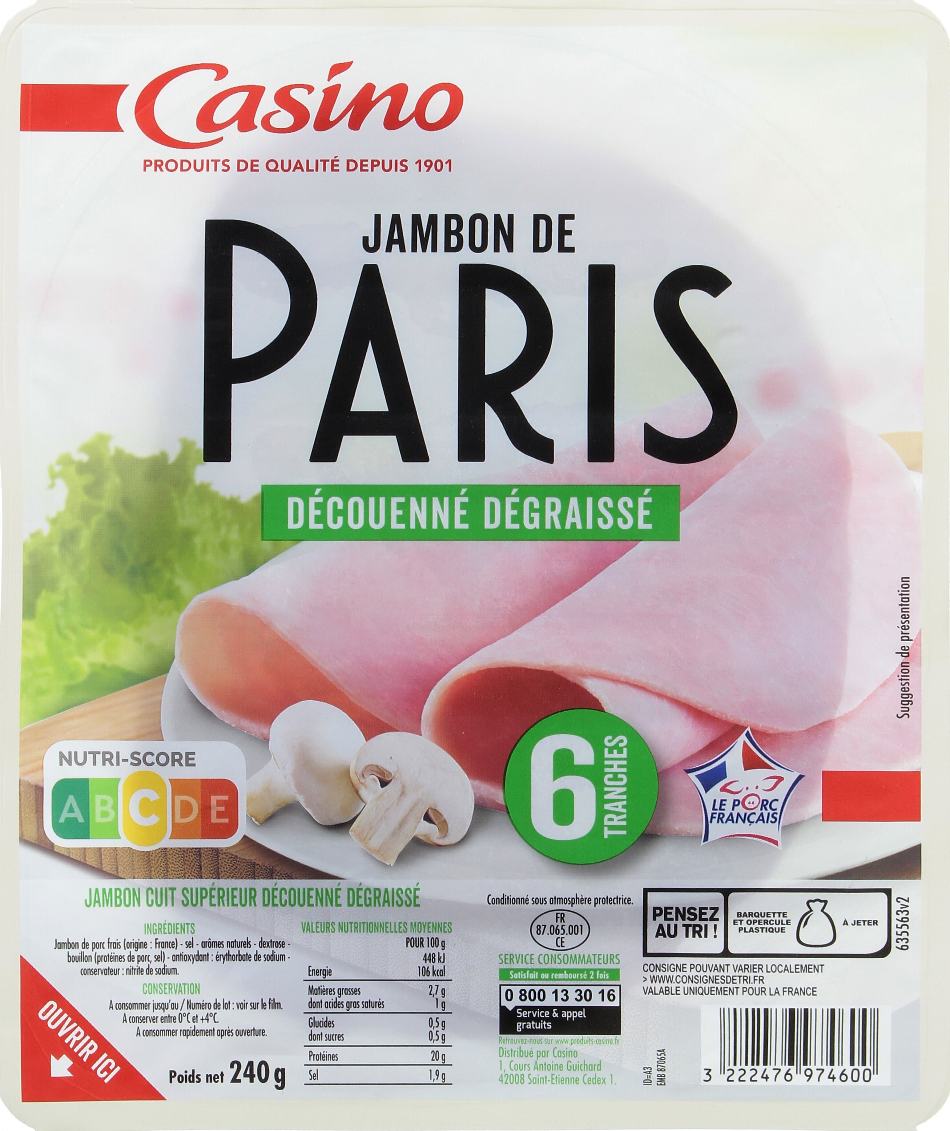 Casino Jambon de Paris Découenné Dégraissé 6 tranches packshot