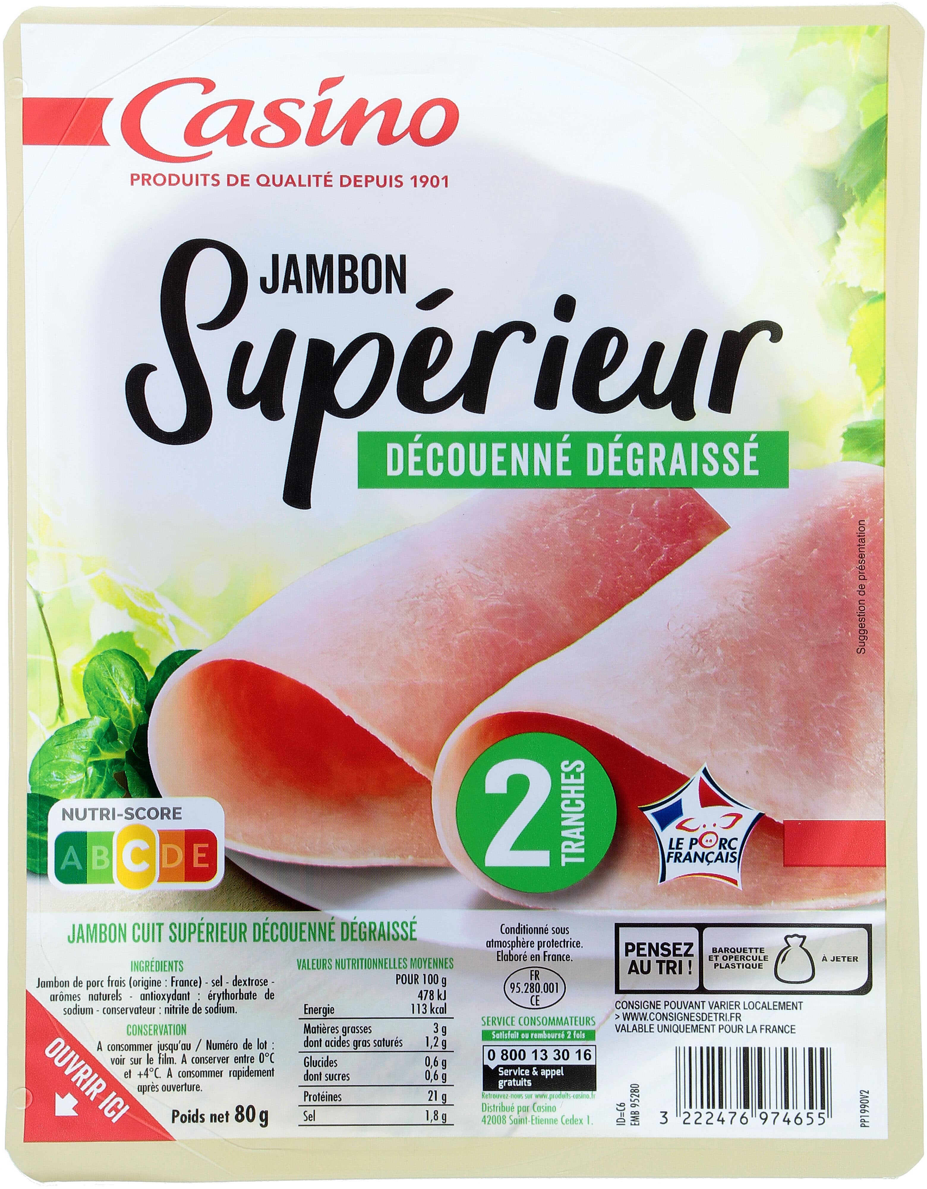Casino Jambon Supérieur Découenné Dégraissé 2 tranches packshot