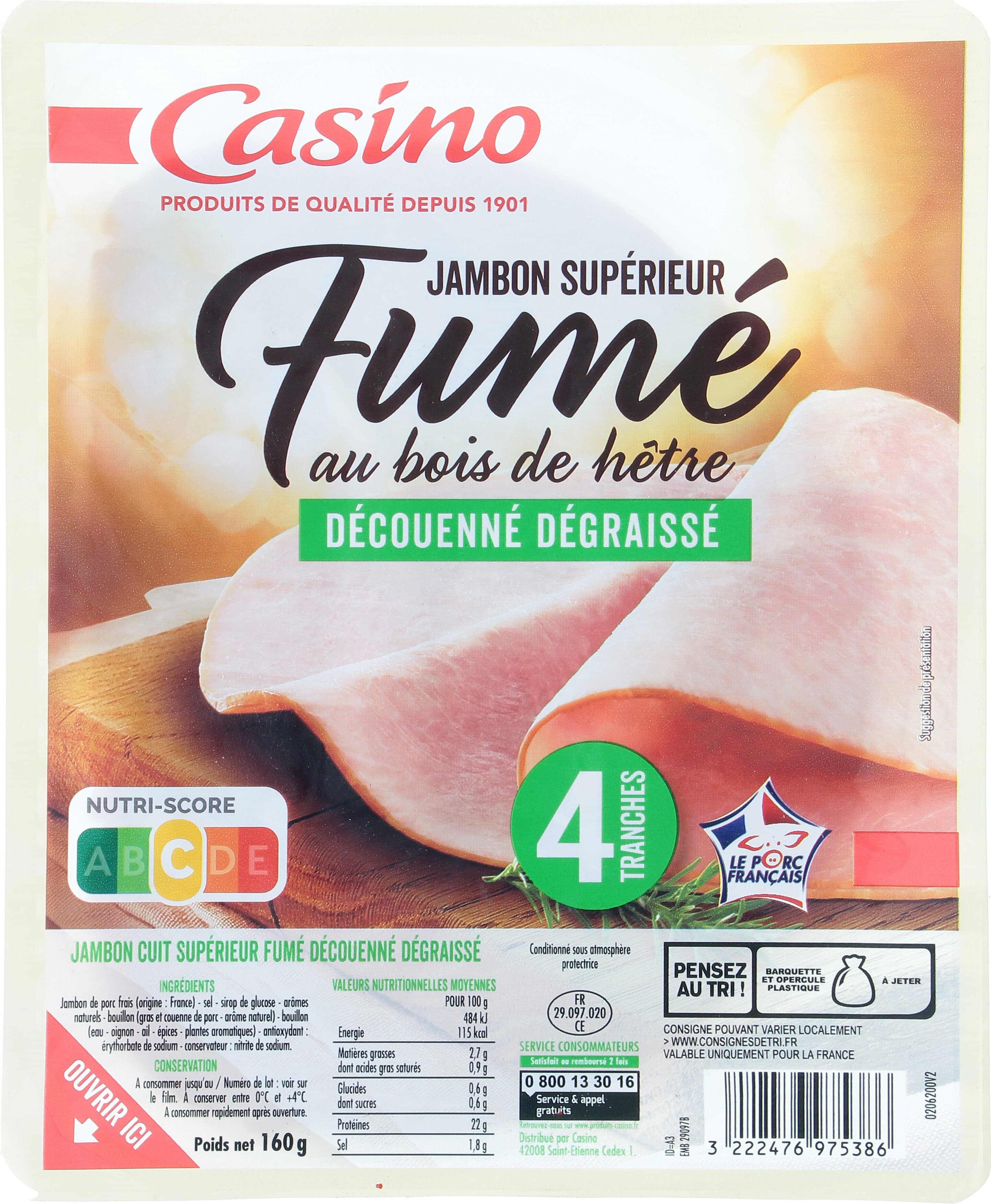 Casino Jambon supérieur fumé au bois de hêtre découenné dégraissé packshot
