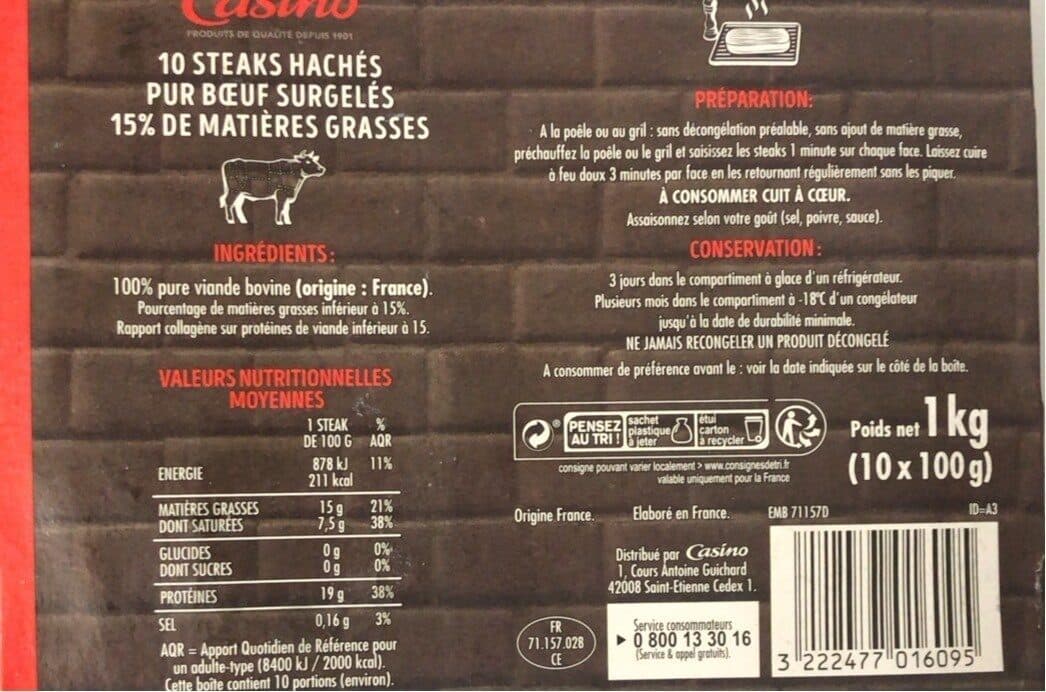Casino 10 Steaks hachés pur boeuf surgelés 15% mat Gr packshot