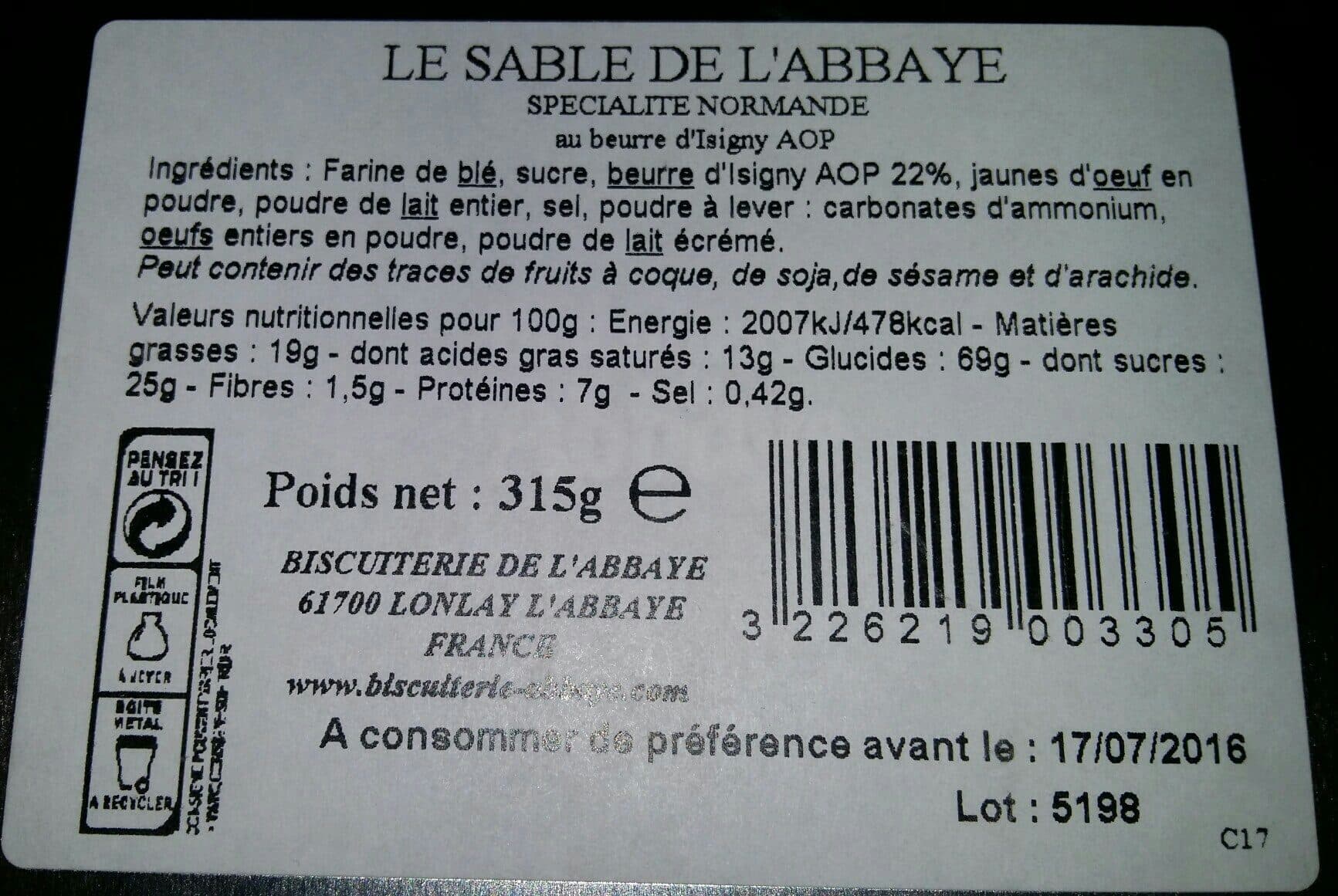 Biscuiterie De L'abbaye Le sablé de l'Abbaye packshot