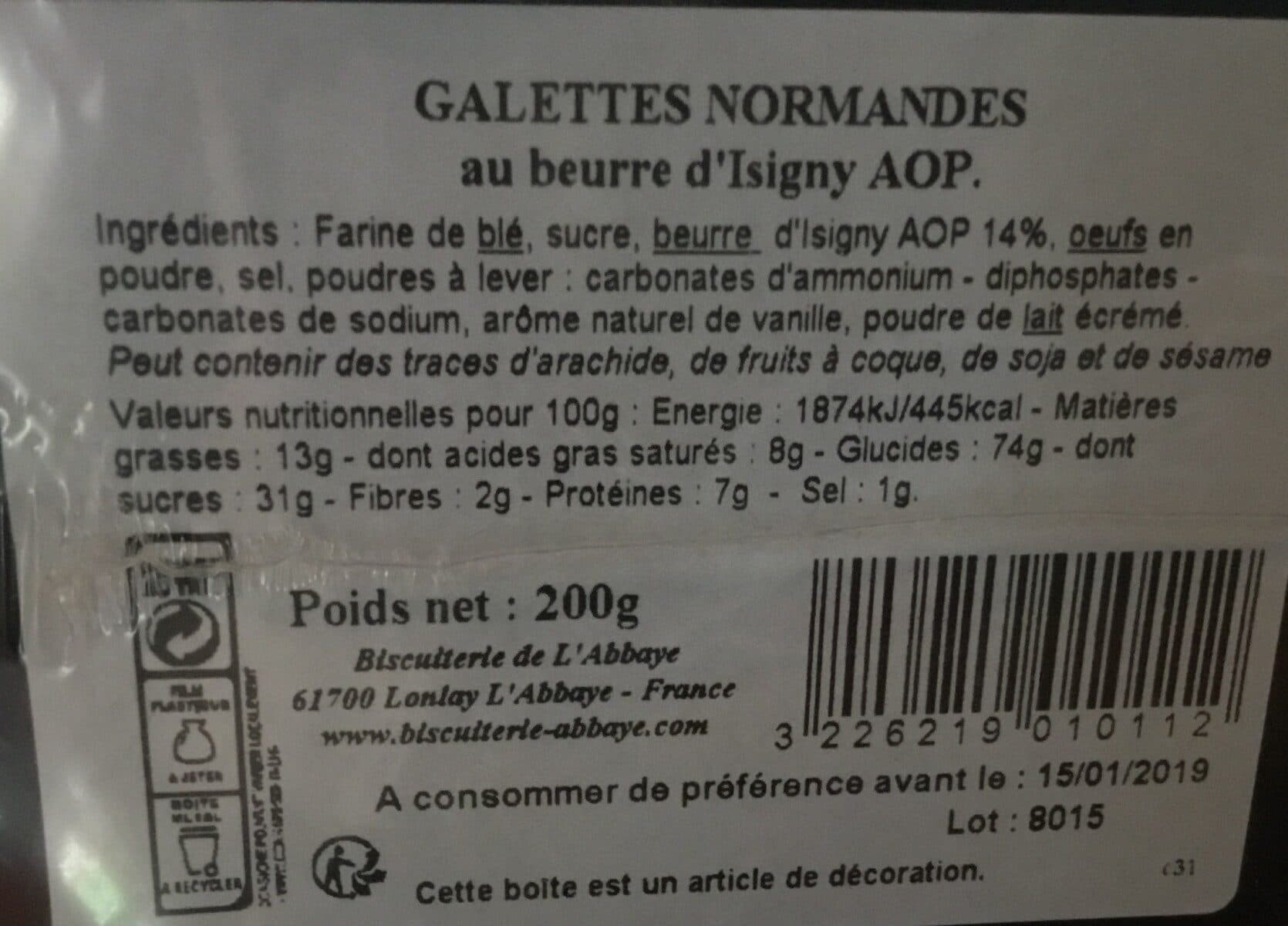 Biscuiterie de l'Abbaye Galettes Normandes au beure d'Isigny A.O.P packshot