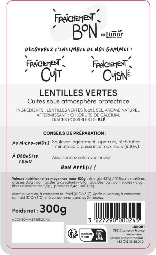 Fraîchement Cuit LENTILLES VERTES 300 G FRAICHEMENT CUIT by LUNOR packshot