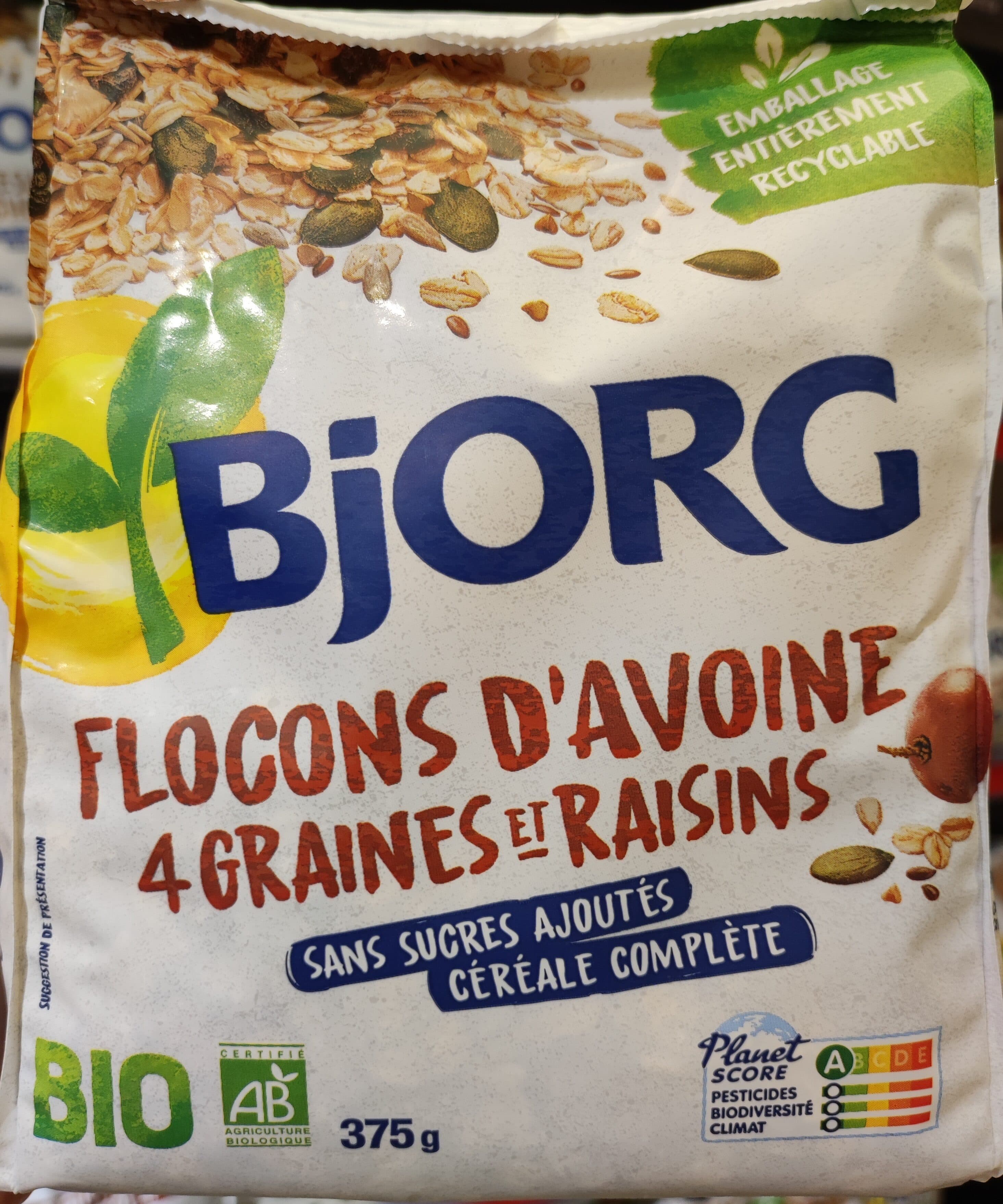 Bjorg Flocons d'avoine 4 graines et raisins packshot