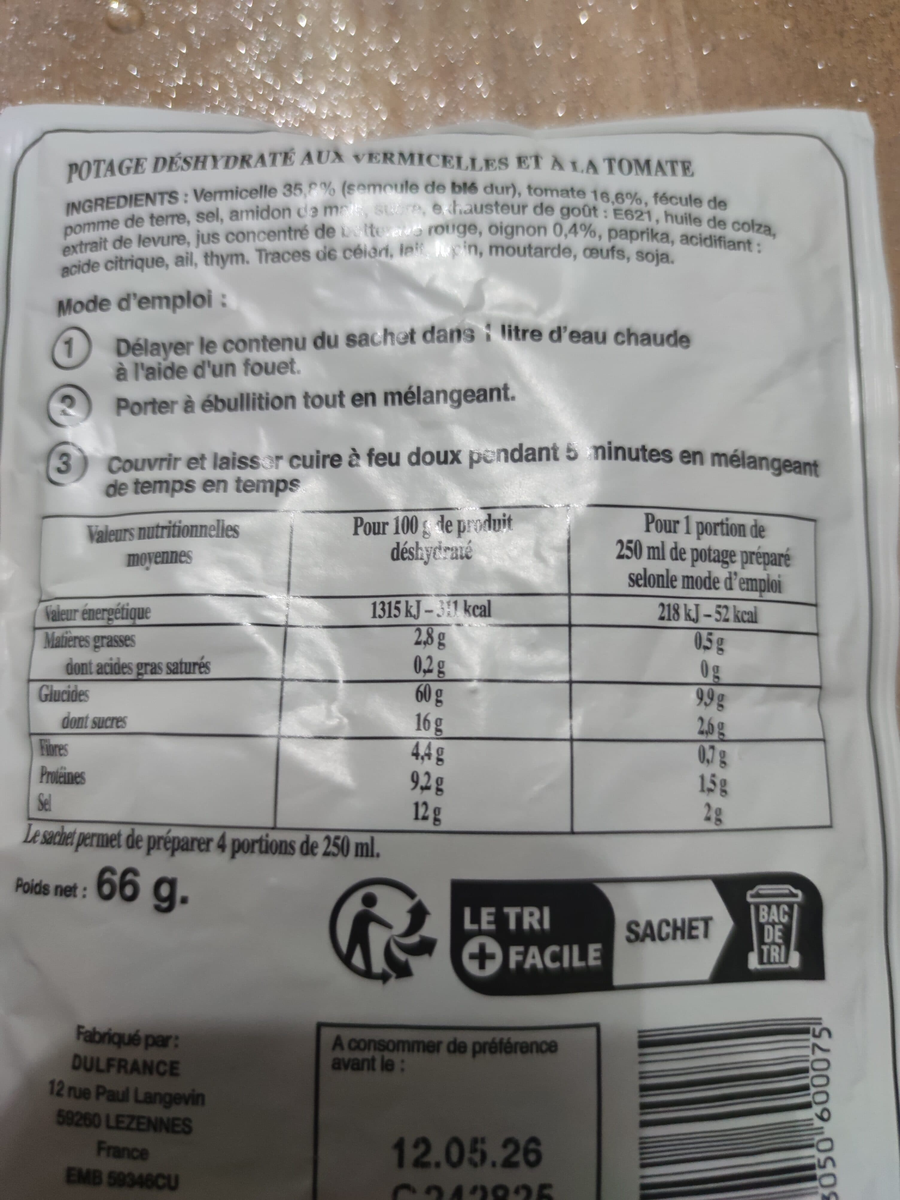 Open Food Facts Potage Tomate Vermicelle Sac 66 G packshot