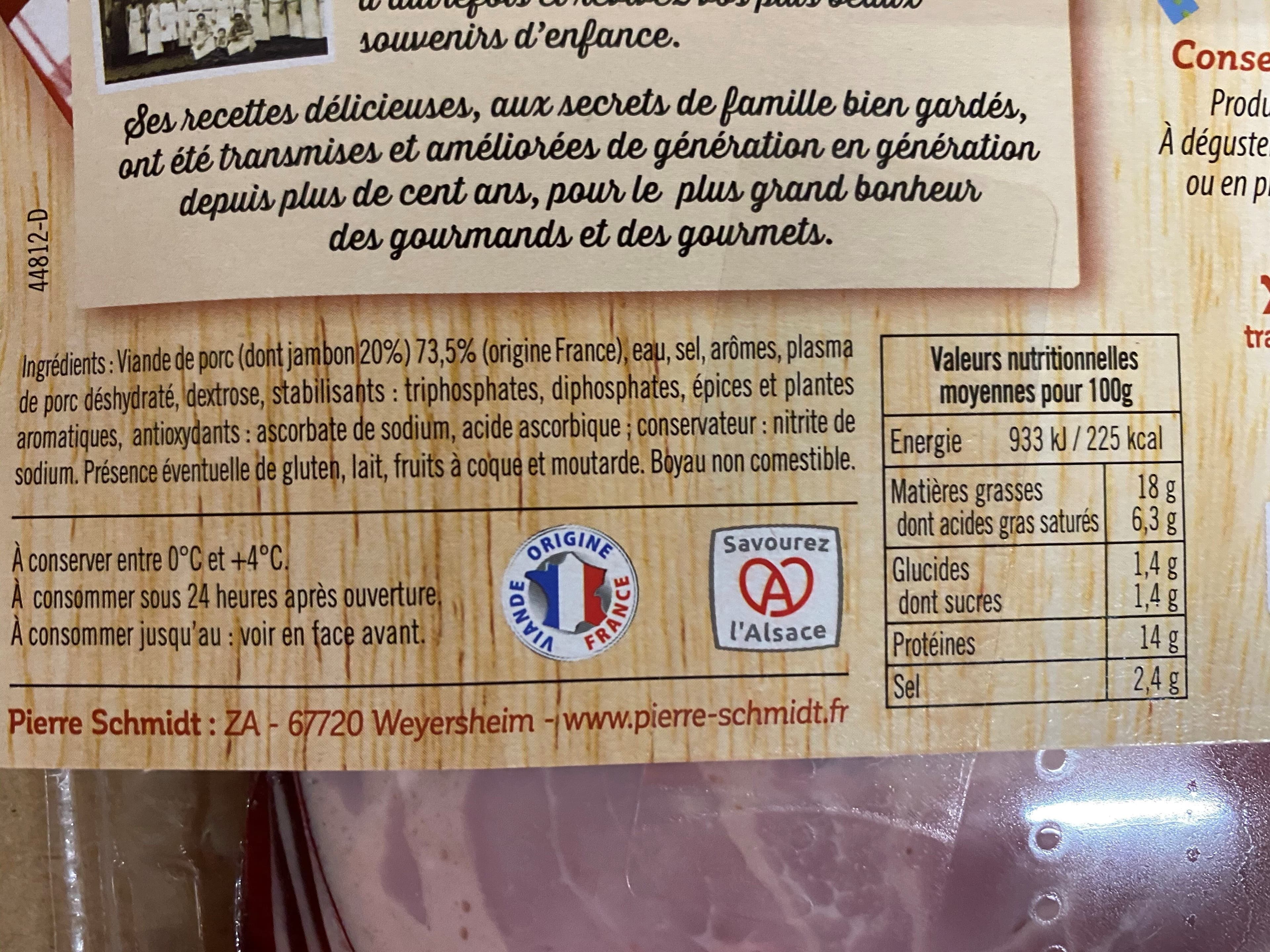 Pierre Schmidt Pierre Schmidt, Saucisse de jambon, les 8 tranches 150 g packshot