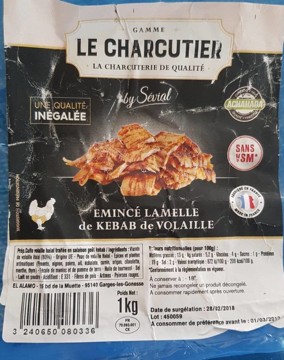 Open Food Facts Émincé de lamelle de kebab de volaille HALAL packshot