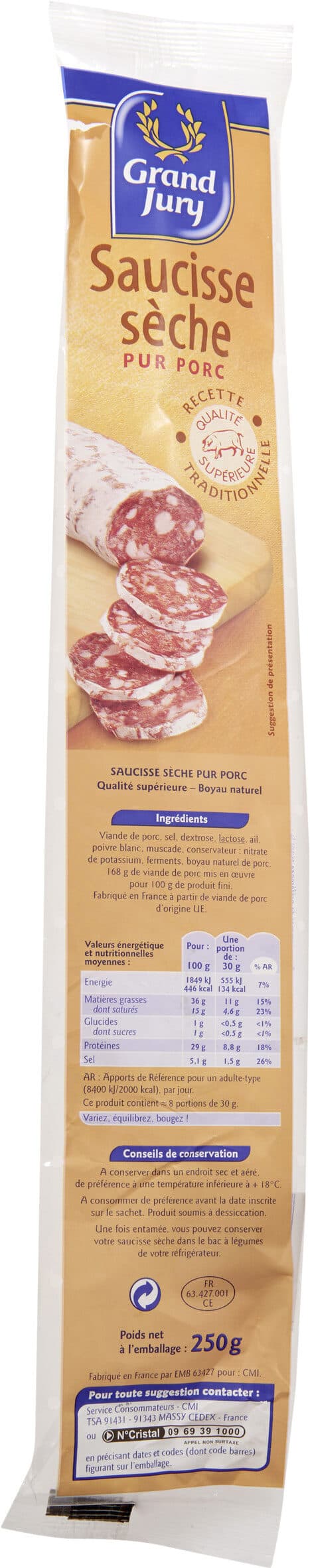 Grand Jury Saucisse Seche Droite pur porc packshot