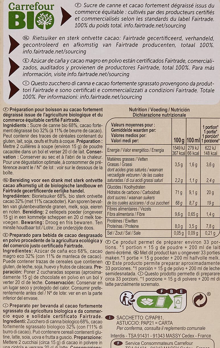 Carrefour BIO Poudre cacaotée 32 % de cacao maigre packshot
