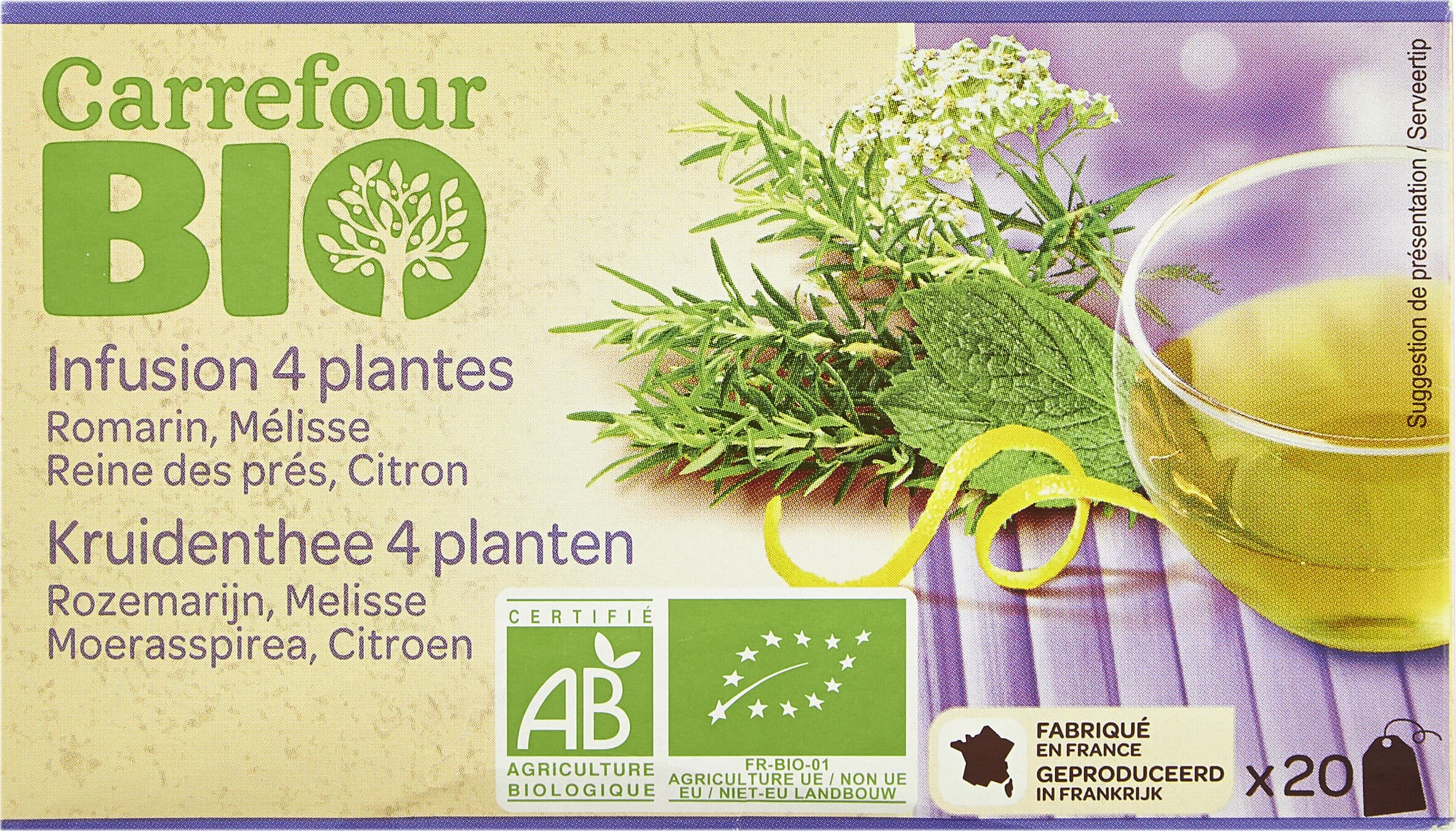 Carrefour BIO Infusion 4 plantes Romarin, Mélisse, Reine des prés, Citron packshot