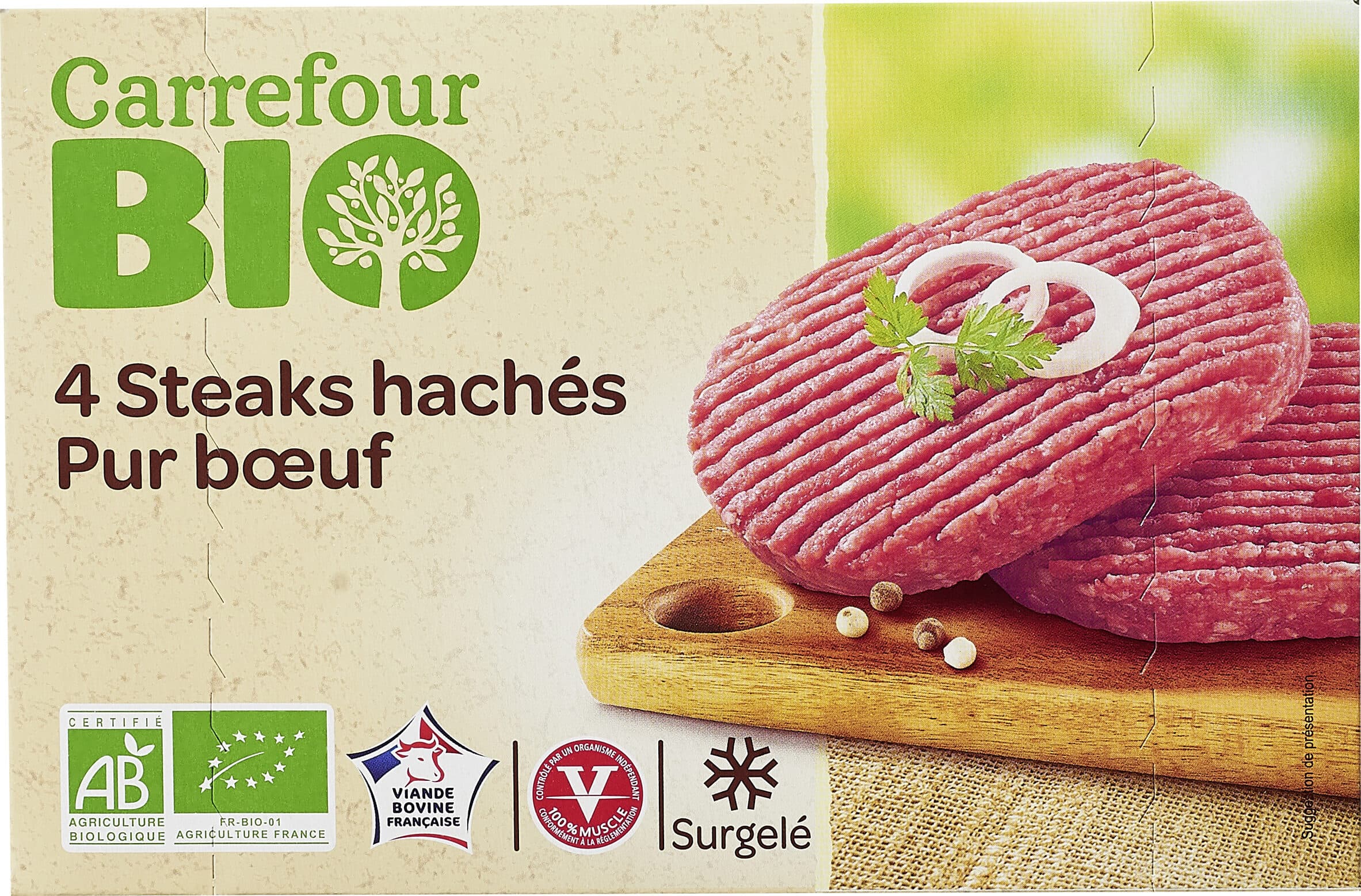 Carrefour BIO 4 Steaks hachés Pur bœuf 15% Mat. Gr.* *Pourcentage de matières grasses inférieur à 15%. Rapport collagène sur protéines de viande inférieur à 15%. packshot