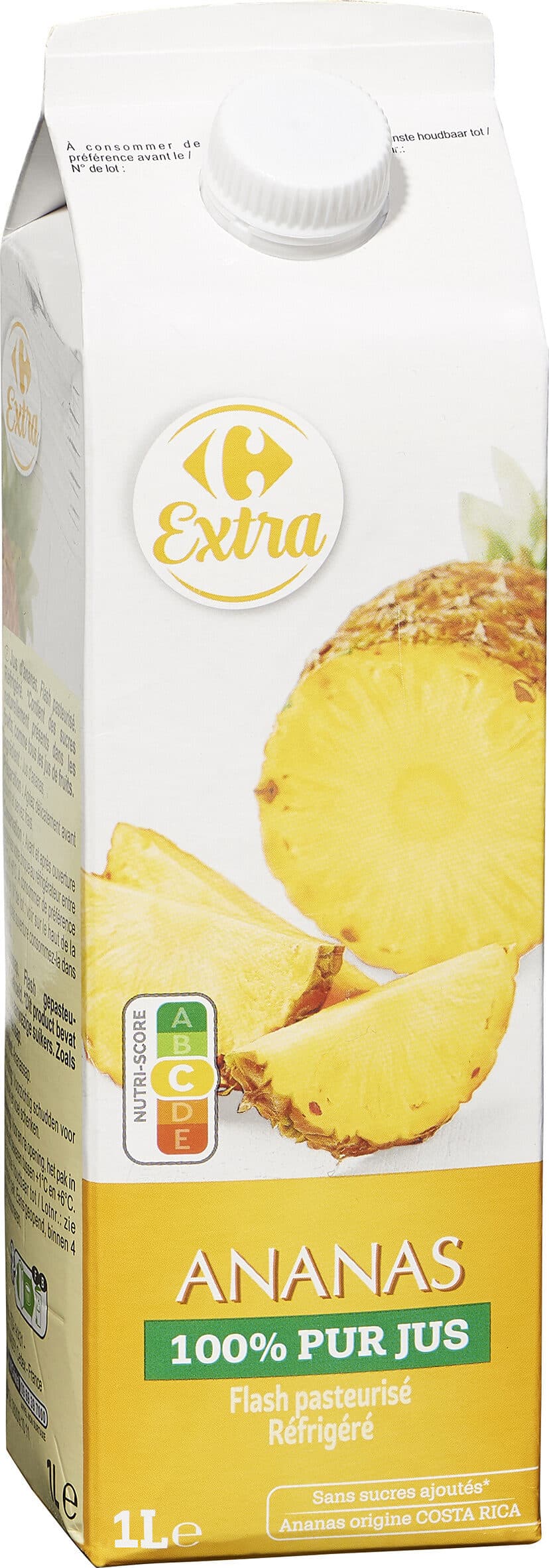 carfour Ananas 100 % pur jus. Flash pasteurisé. Réfrigéré. packshot
