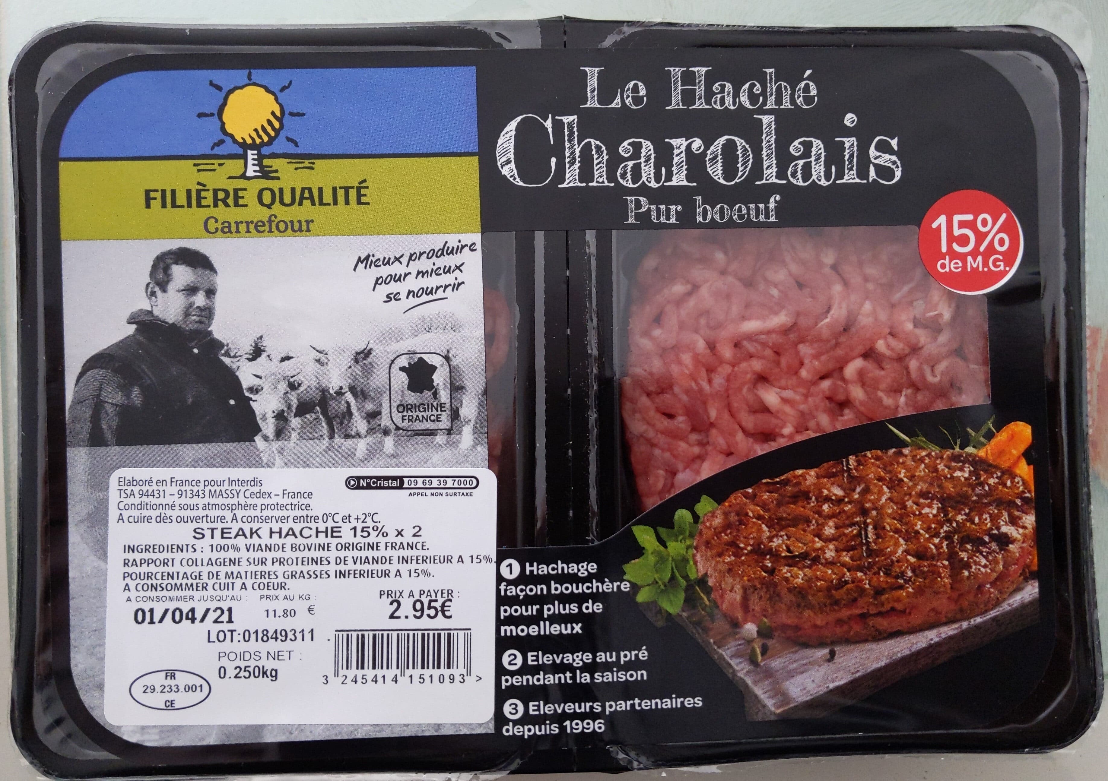 Carrefour Le Haché Charolais Pur Bœuf 15% M.G. packshot