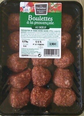 Carrefour BOULETTES AU BOEUF SAVEUR PROVENCALE Préparation de viande bovine hachée (72%) avec protéine végétale, saveur provençale, avec de la tomate déshydratée et arôme naturel A consommer cuit à coeur. packshot