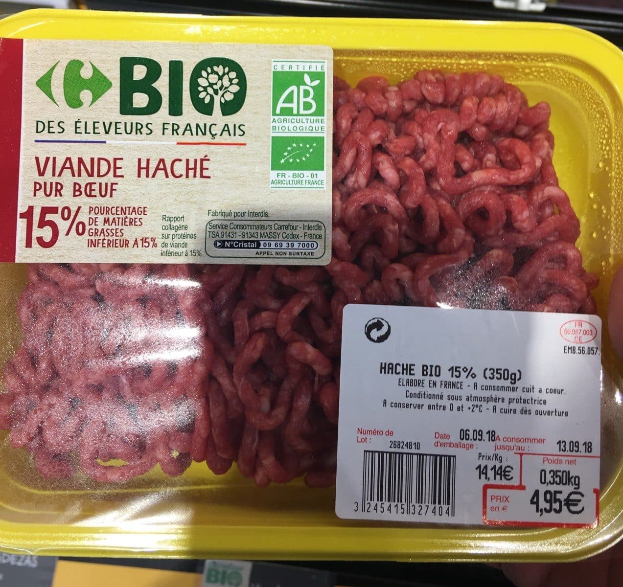 Carrefour BIO Viande hachée pur bœuf bio 15% packshot