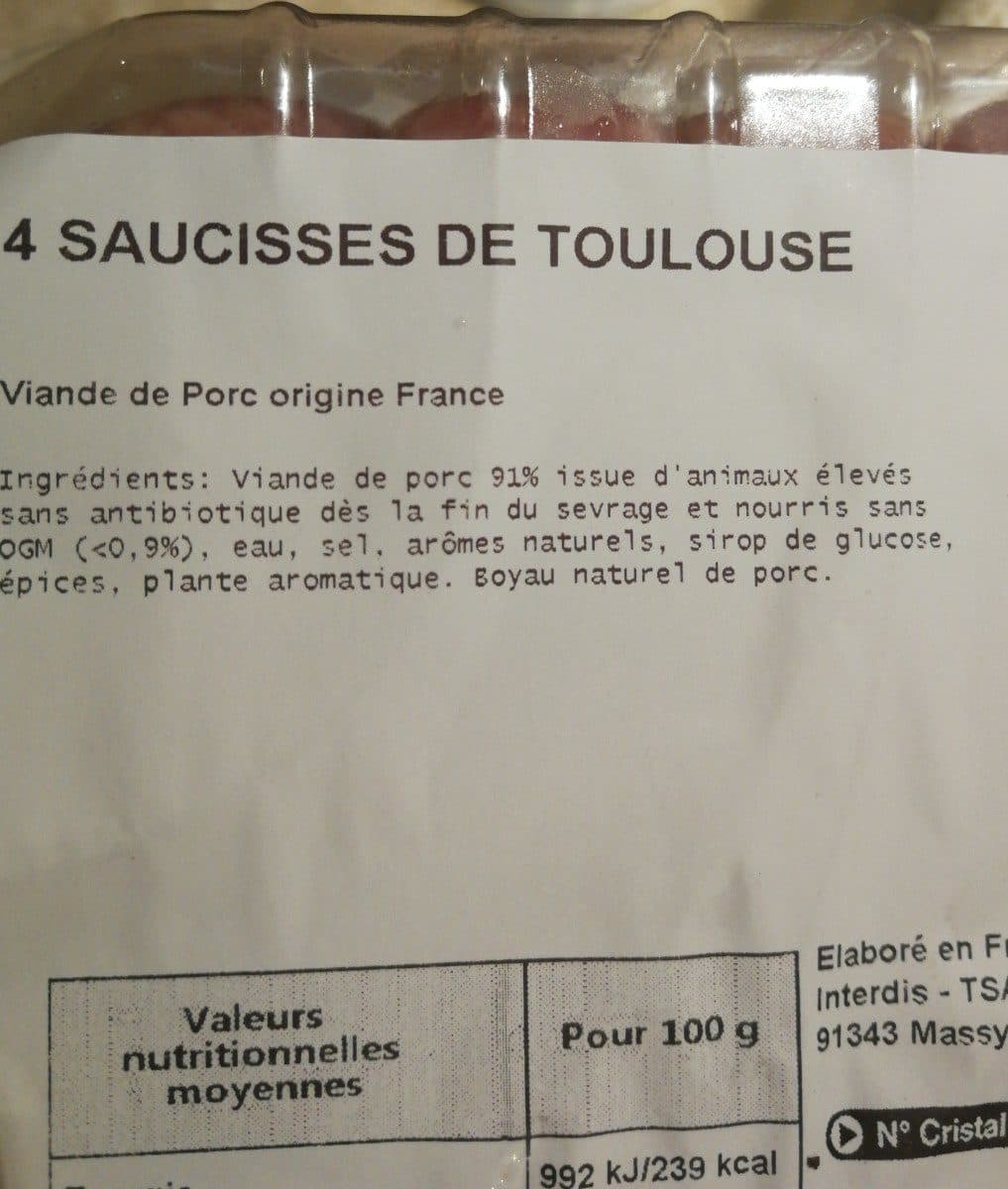 CSF (Carrefour Supermarchés France) Saucisse de Toulouse, Pur Porc (x 4) packshot