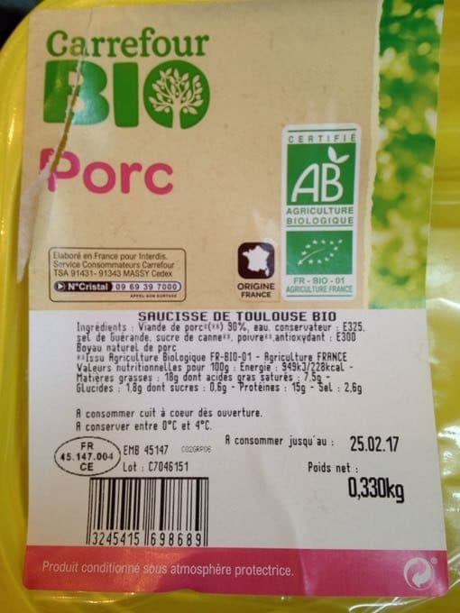 Carrefour Saucisse de Toulouse Bio packshot