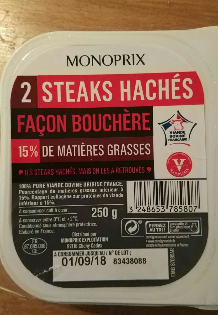 Monoprix Steaks hachés pur boeuf, 15% de mat. Gr. packshot