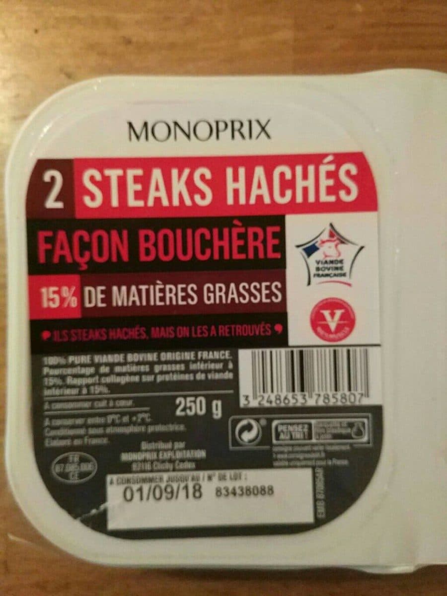 Monoprix Steaks hachés pur boeuf, 15% de mat. Gr. packshot