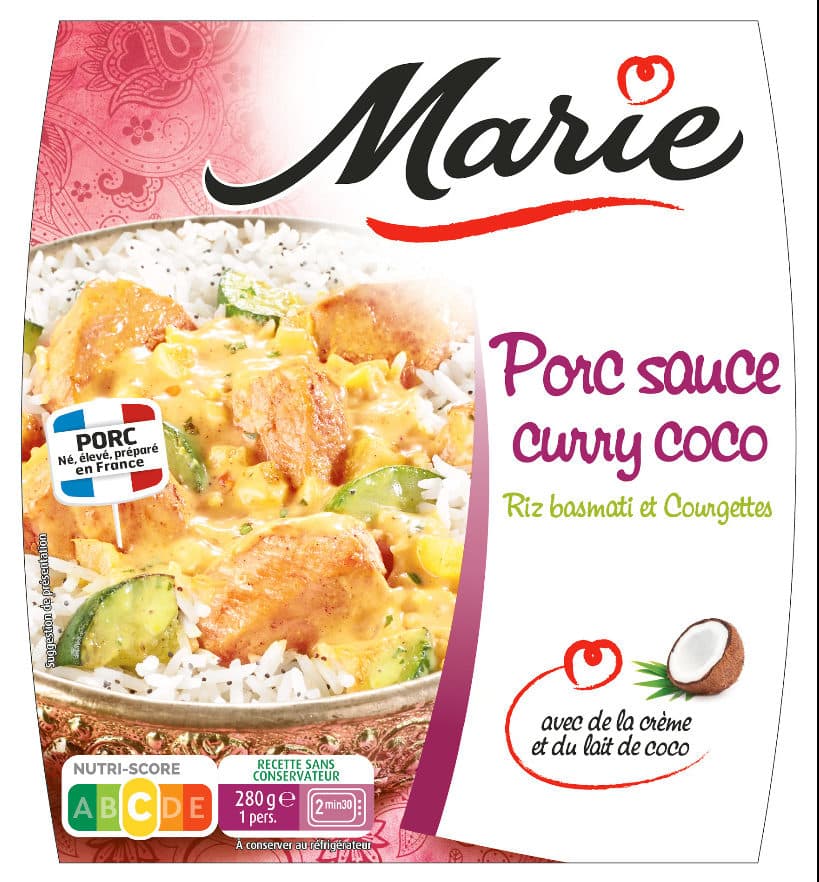 Marie Porc sauce curry coco Riz basmati et Courgettes packshot