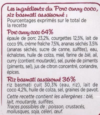 Marie Porc sauce curry coco Riz basmati et Courgettes packshot