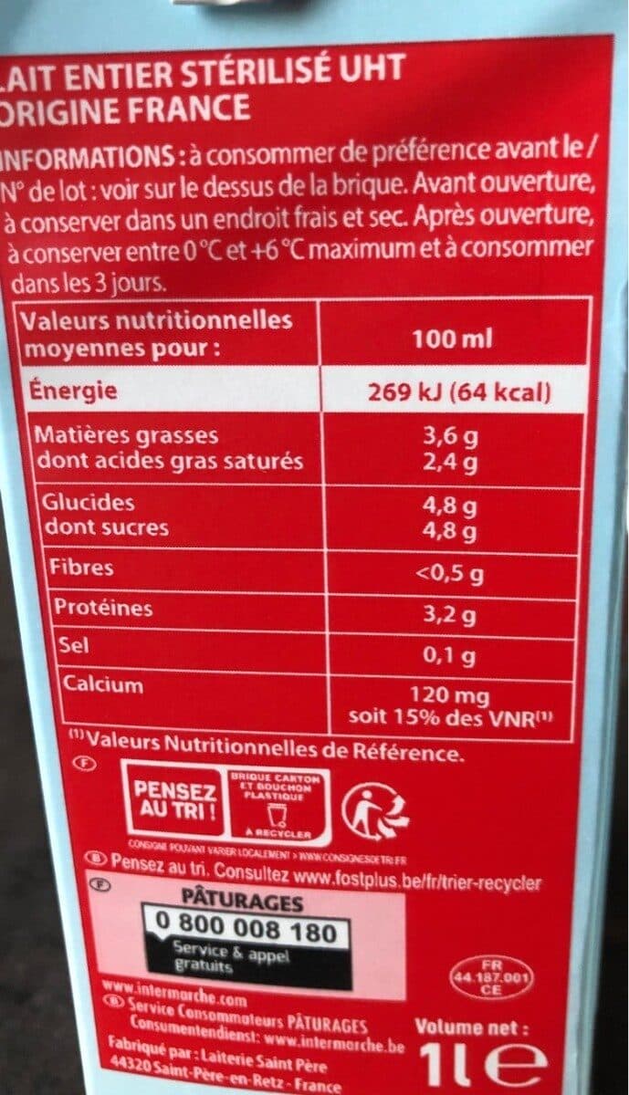 Les Mousquetaires Lait uht entier bq 1l packshot