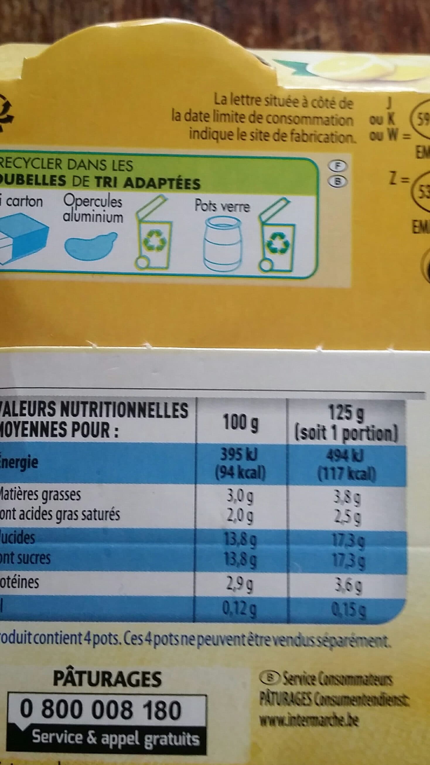 Paturages (Intermarché) YAOURT AU LAIT ENTIER POT VERRE 4X125G - saveur citron packshot