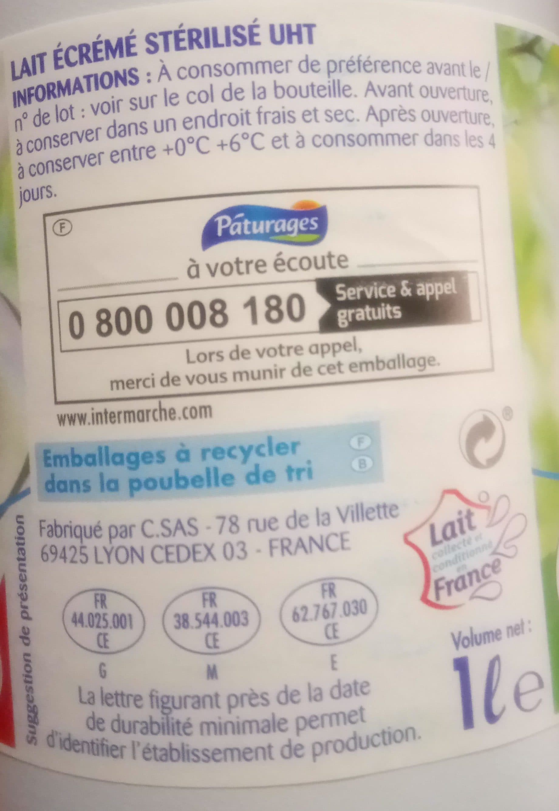 Paturages Lait uht ecreme bt pack 6x1l packshot