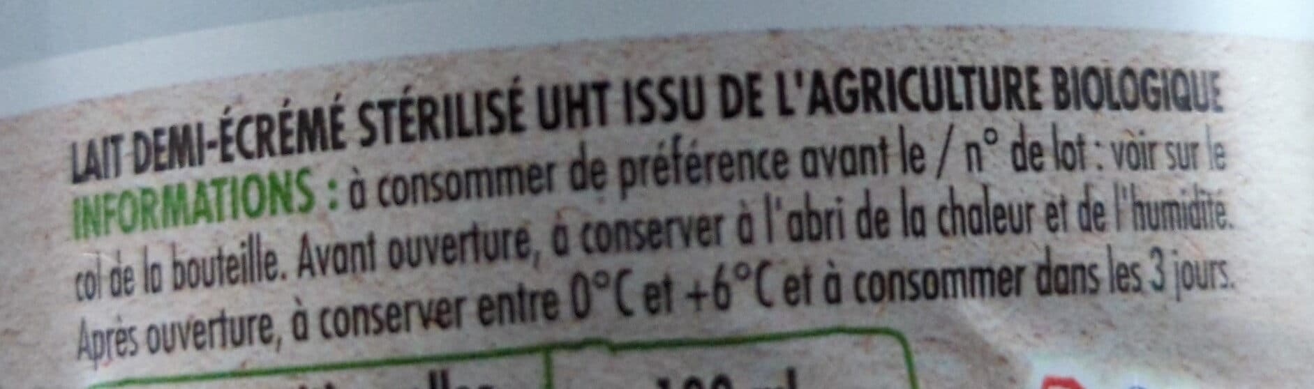 Pâturages Lait uht 1/2 ecreme bio bt 1l packshot