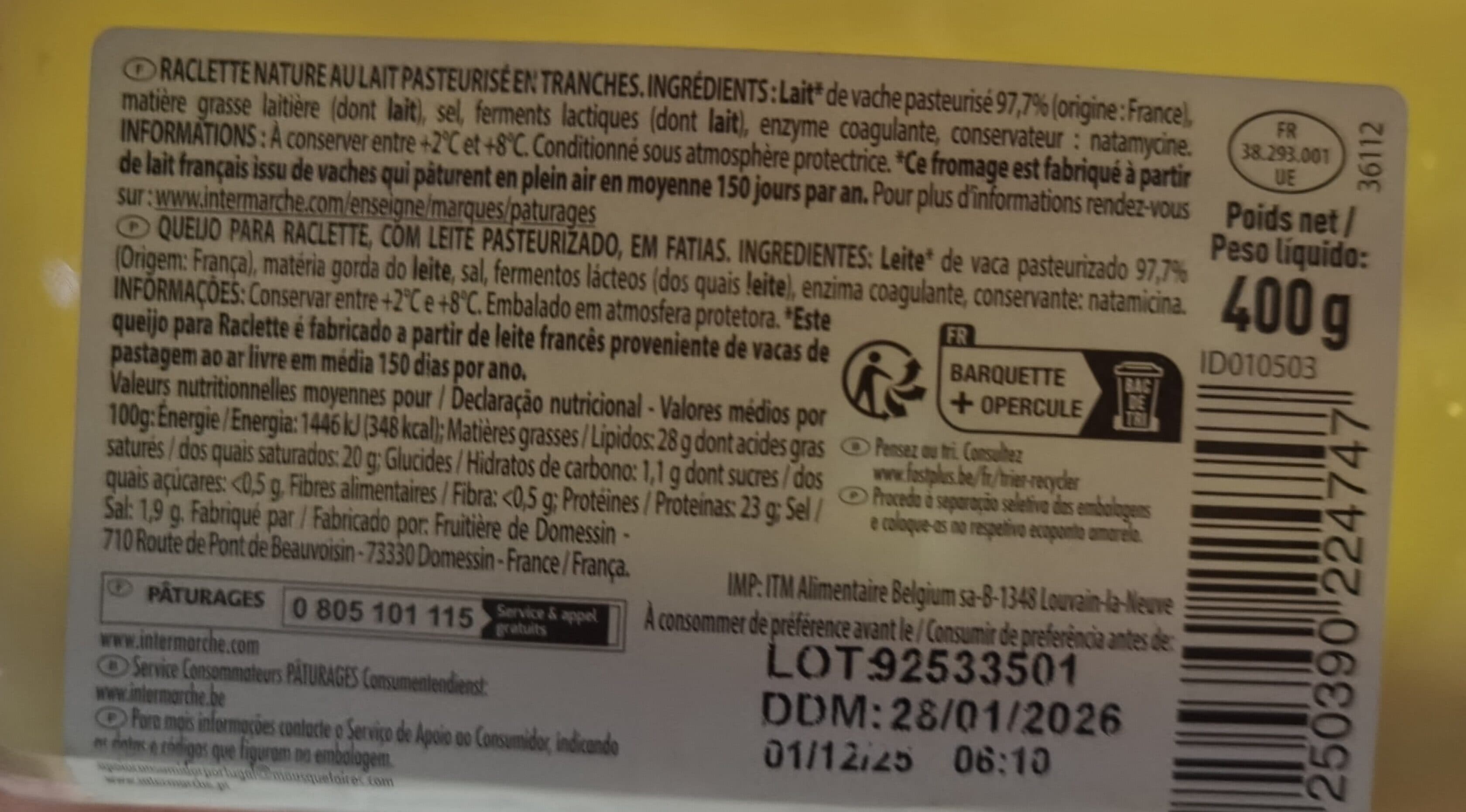 Páturages Raclette nature 400g packshot