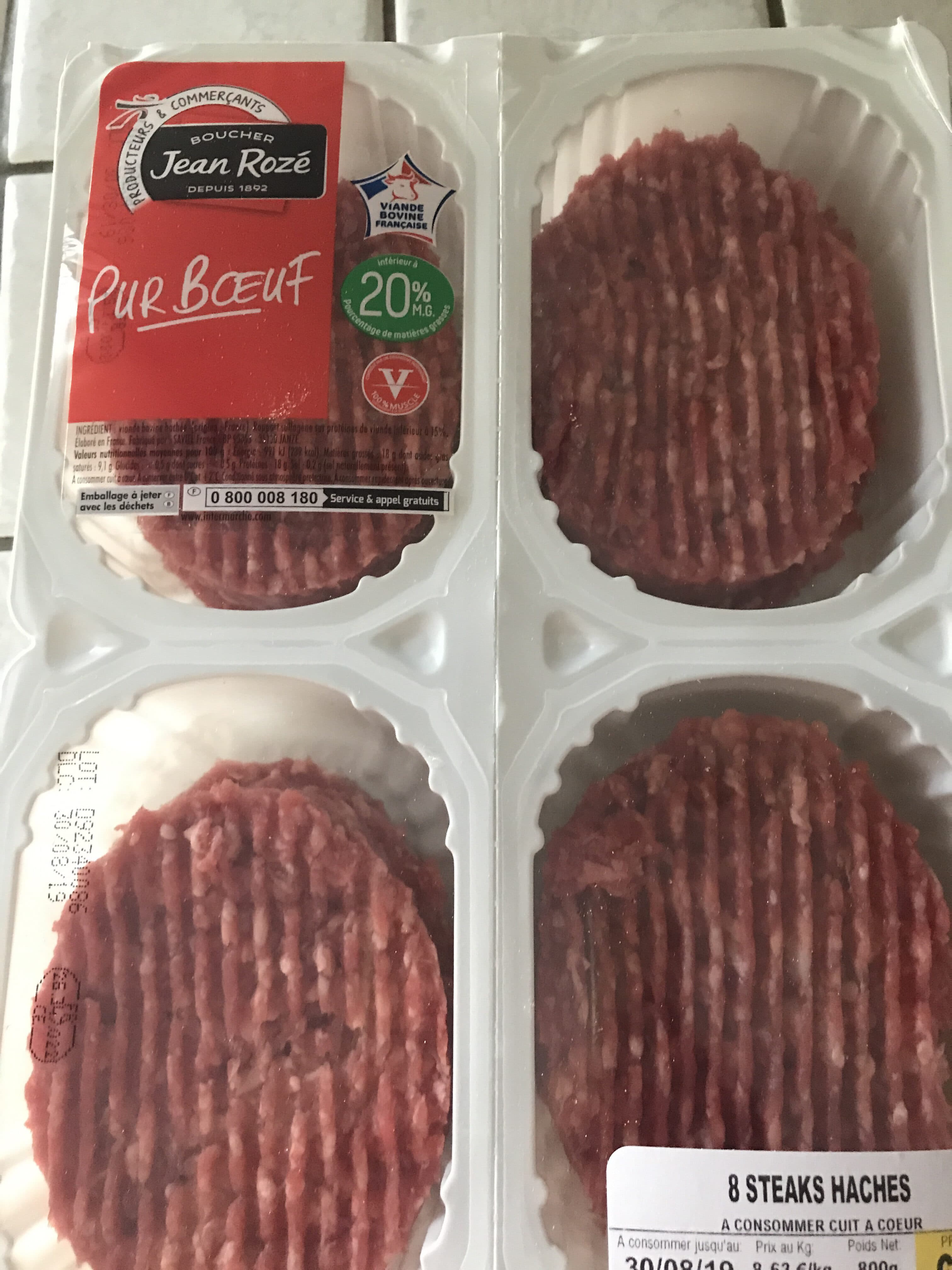 Jean Rozé Jean Rozé Viande hachée 20% MG la barquette de 8 steaks 800 g packshot