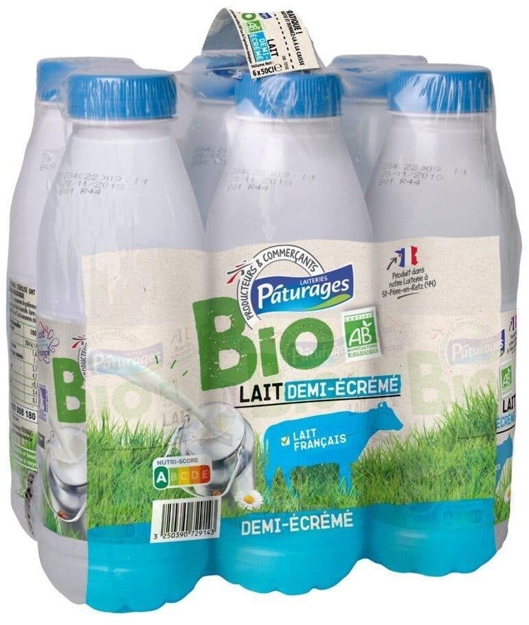 Pâturages Lait uht 1/2 ecreme bio bt pack 6x50cl packshot
