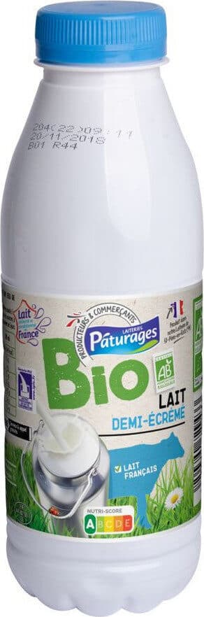 Pâturages Lait uht 1/2 ecreme bio bt 50cl packshot