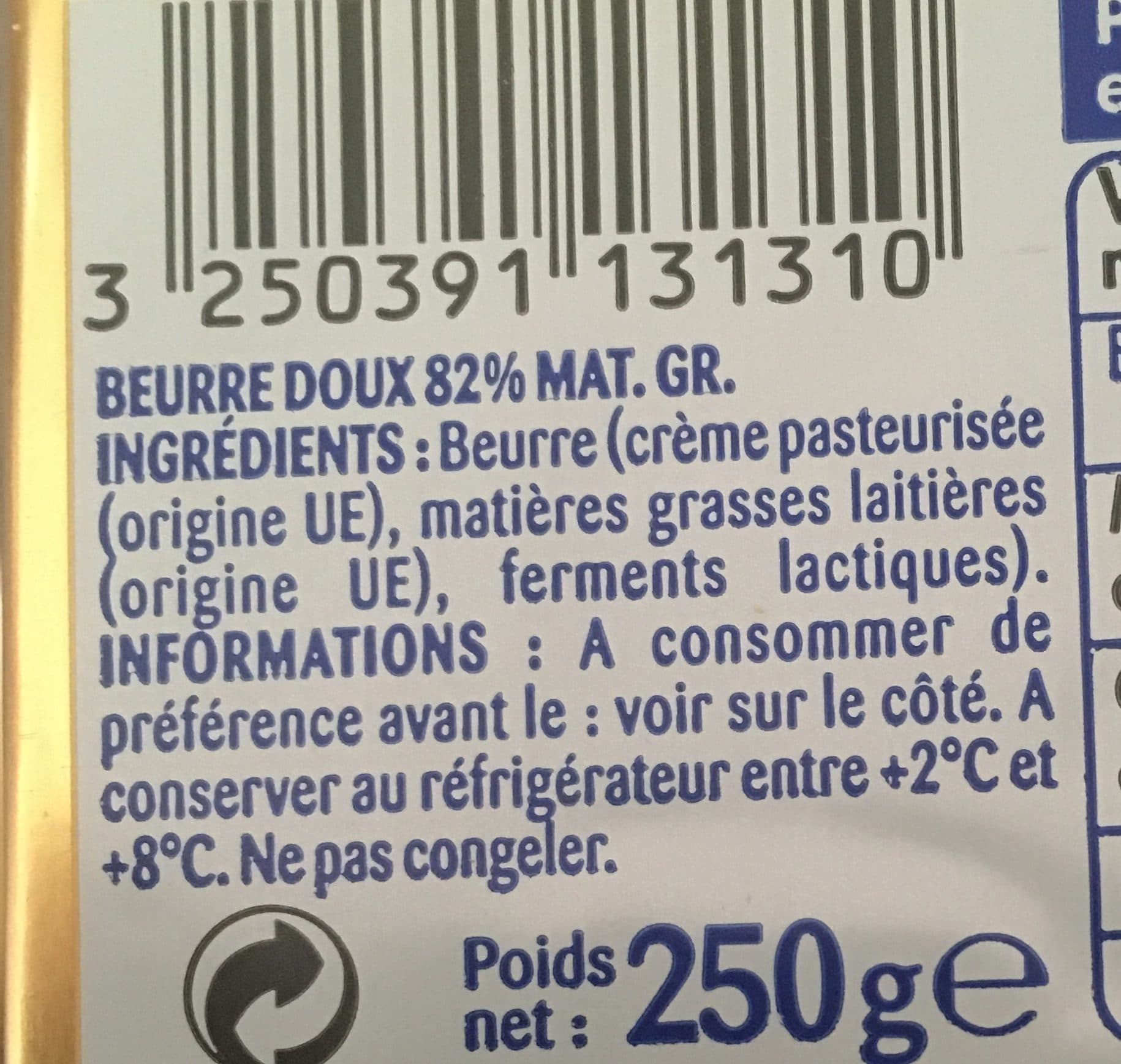 Paturages BEURRE TENDRE DOUX PQ 250g origine UE packshot