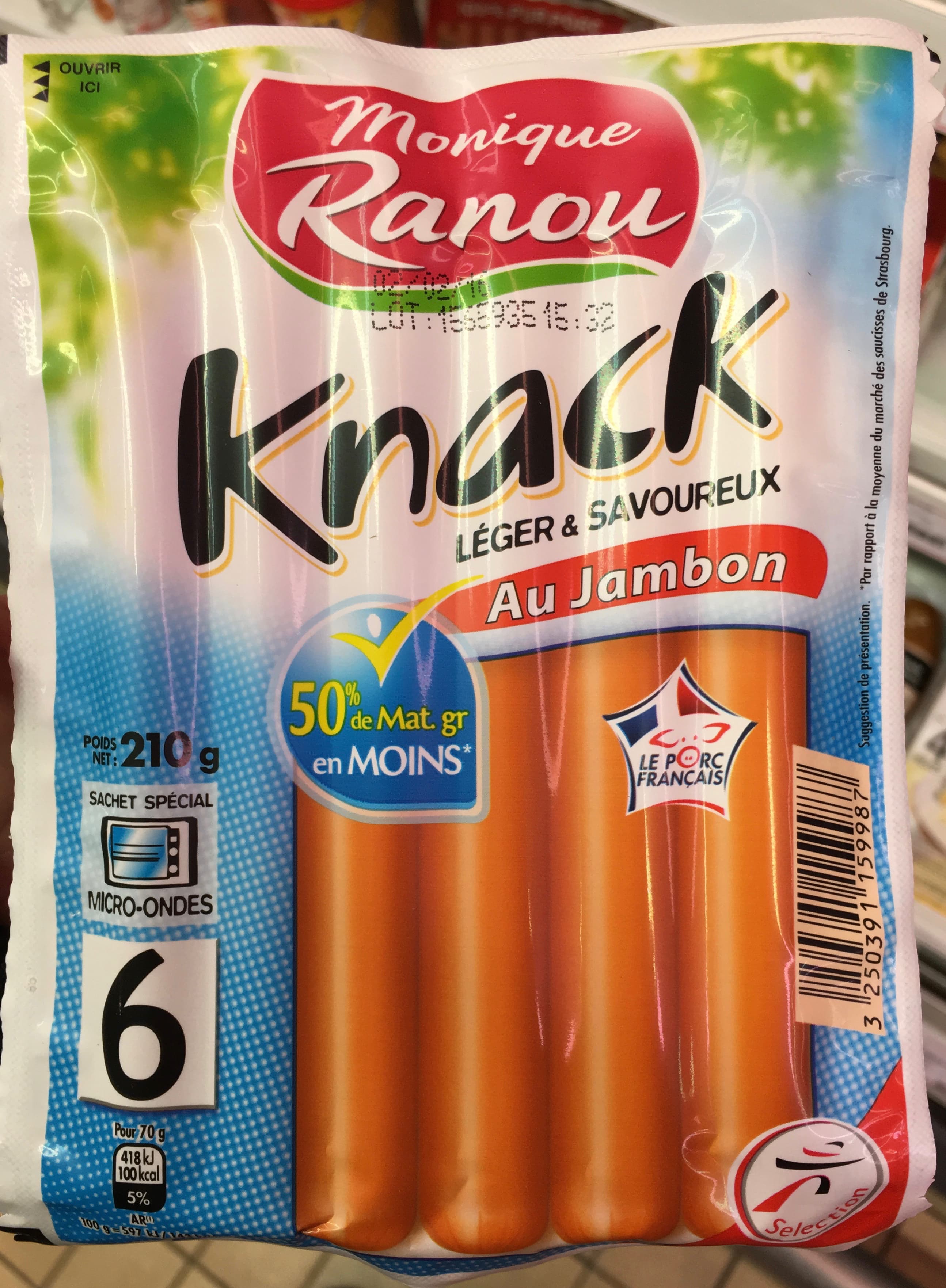 Monique ranou 6 Knack, Au Jambon (50 % de MG en Moins) packshot