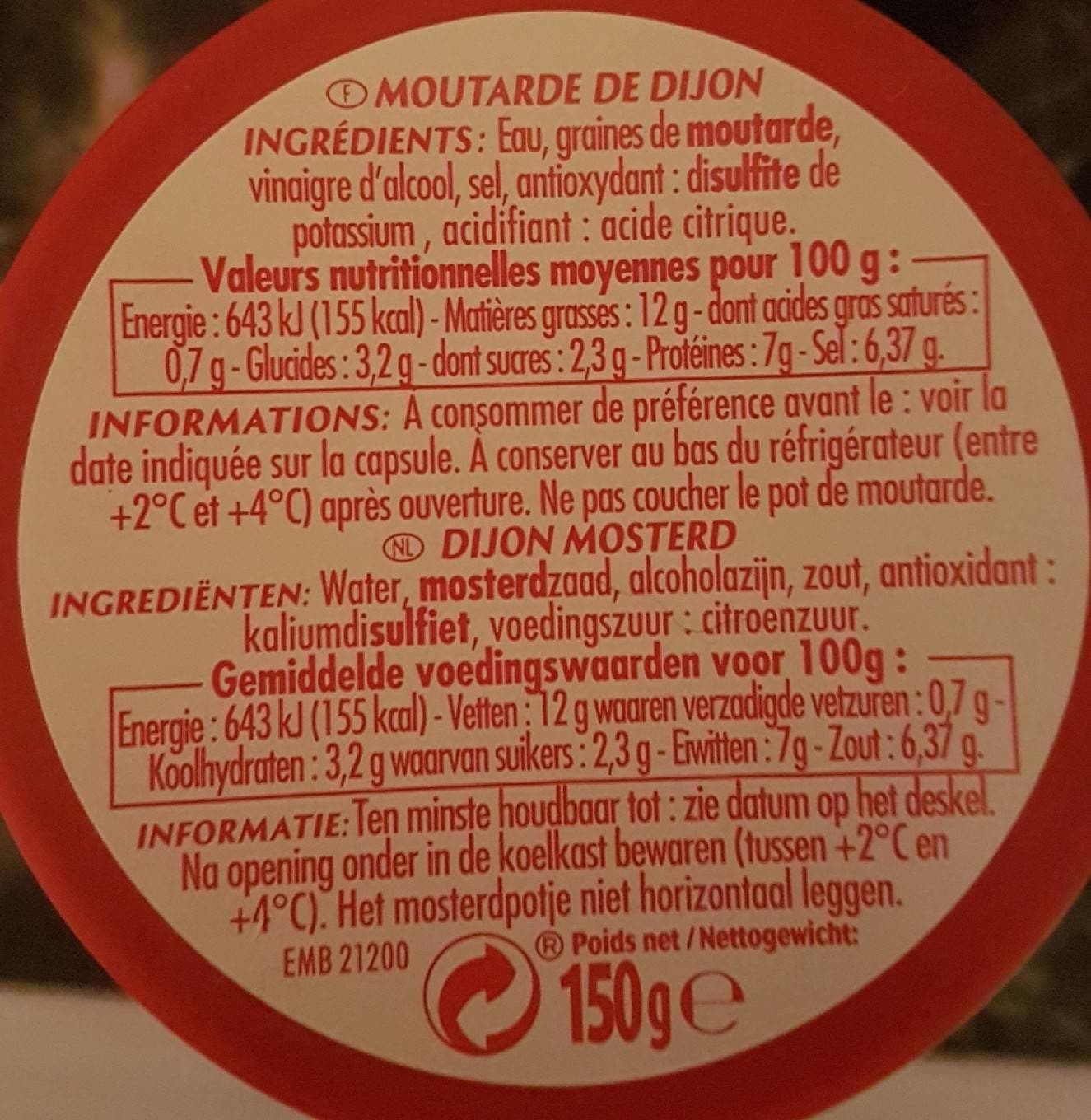 Bouton d'or Moutarde de Dijon verre 150 gr packshot